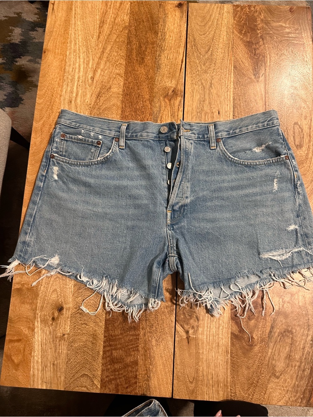 Agolde Light Blue Distressed Denim Cutoff Parker Long Shorts